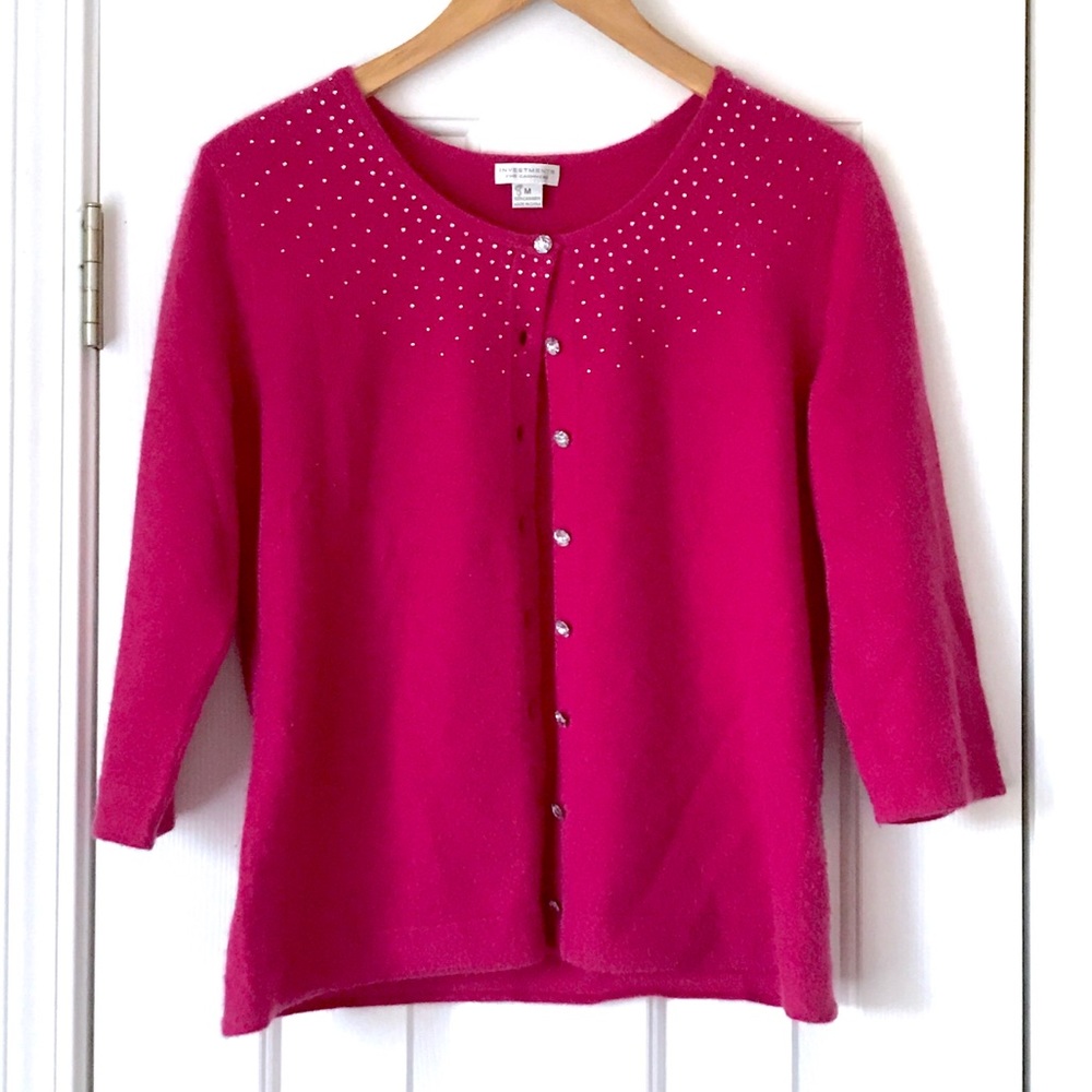 Pink cashmere rhinestone cardigan sweater
